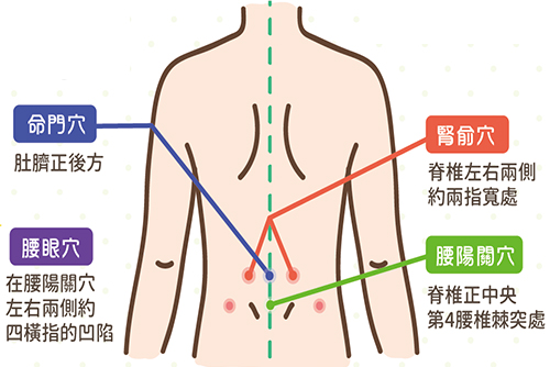 腰眼穴:活血通络,健腰益肾位置:在腰阳关穴水平两侧,约3.